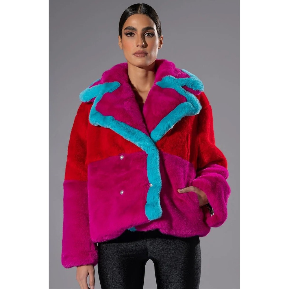 Jayley Gigi Patchwork Cropped Luxury Faux Fur Colorblock Coat NWT - L/XL
